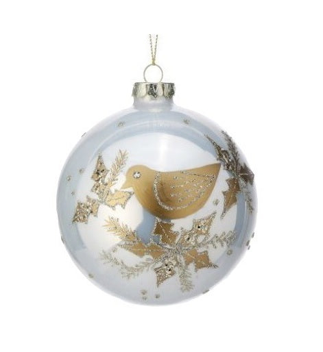 Made of glass, glitter and gemstones. One ornament is bauble shaped. One ornament is finial shaped. Both ornaments feature a gold dove with gold holly leaves.
