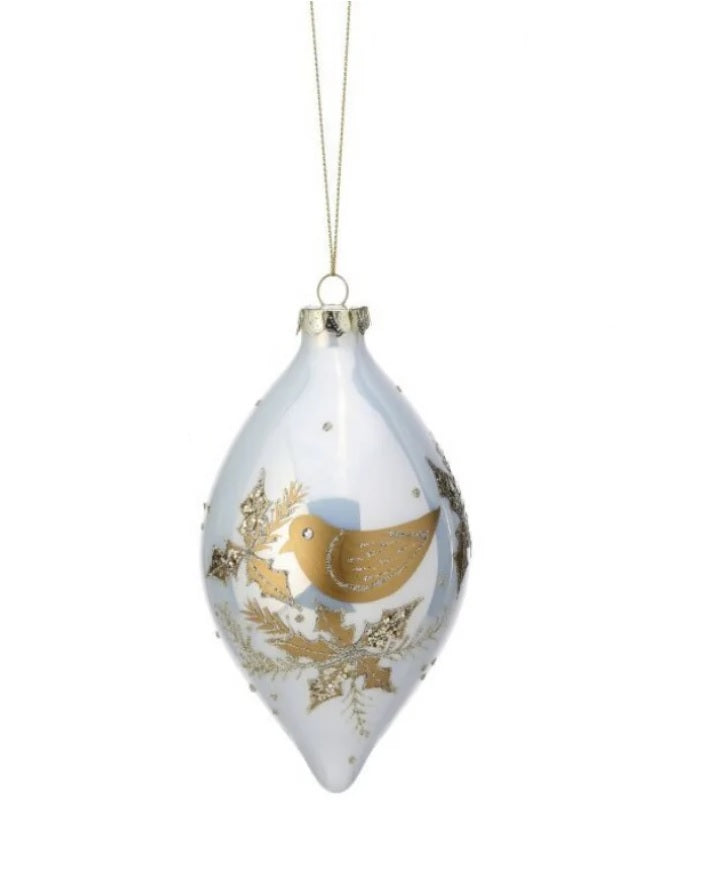 Made of glass, glitter and gemstones. One ornament is bauble shaped. One ornament is finial shaped. Both ornaments feature a gold dove with gold holly leaves.