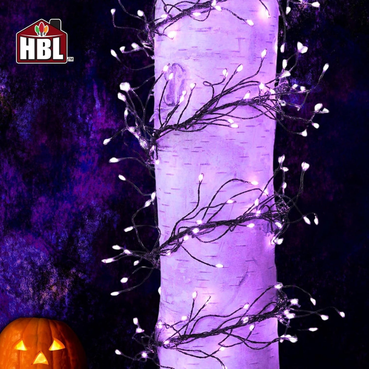 This is a lifestyle image showing the purple big seed cluster lights wrapped around the base of a birch tree.