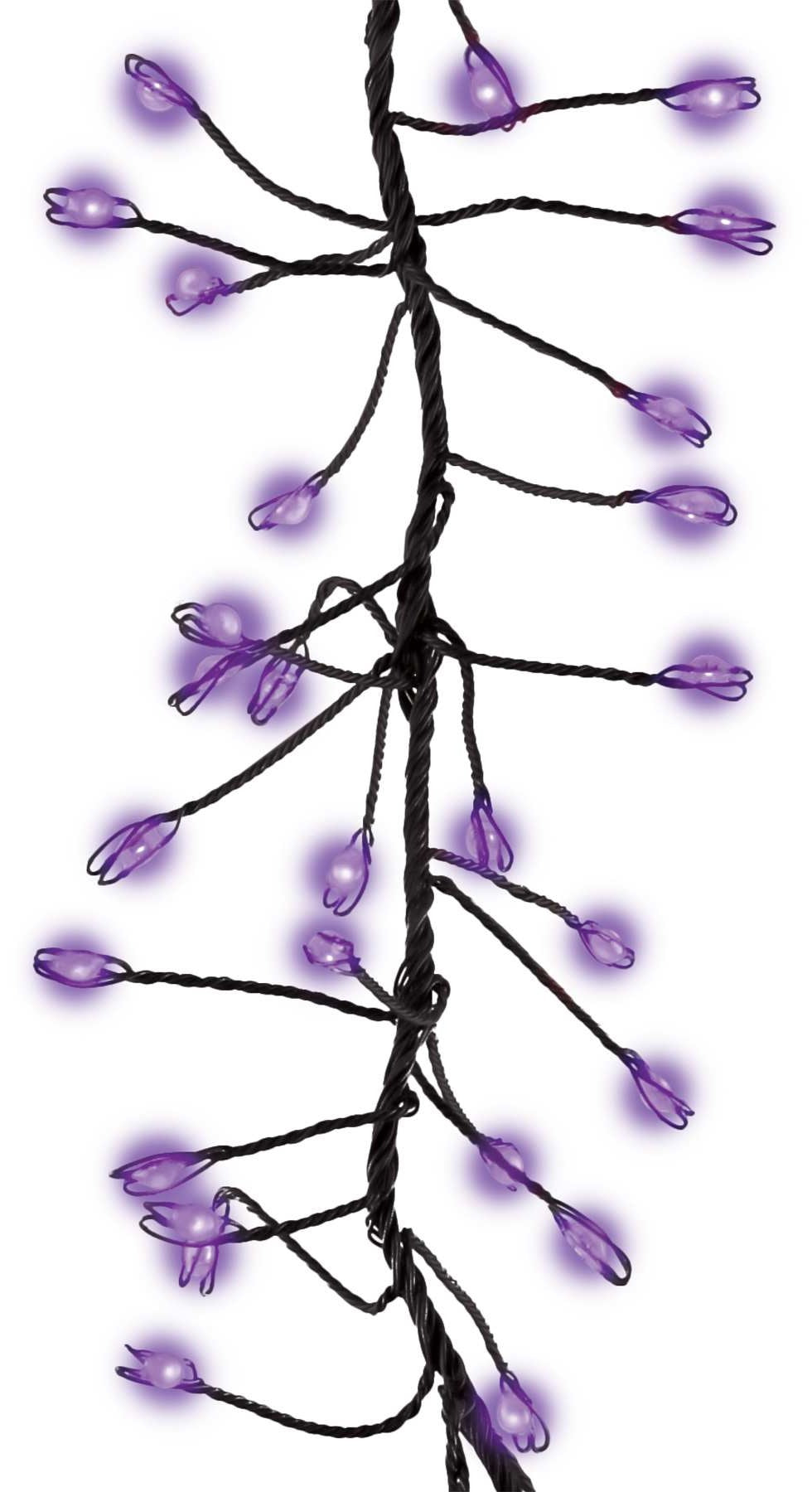 This image shows an up close view of the purple big seed cluster light string.