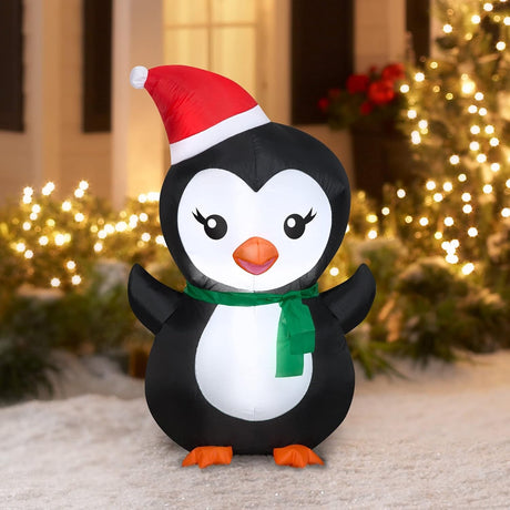 Christmas inflatable designed to look like a cute penguin wearing a Santa hat and a green scarf.