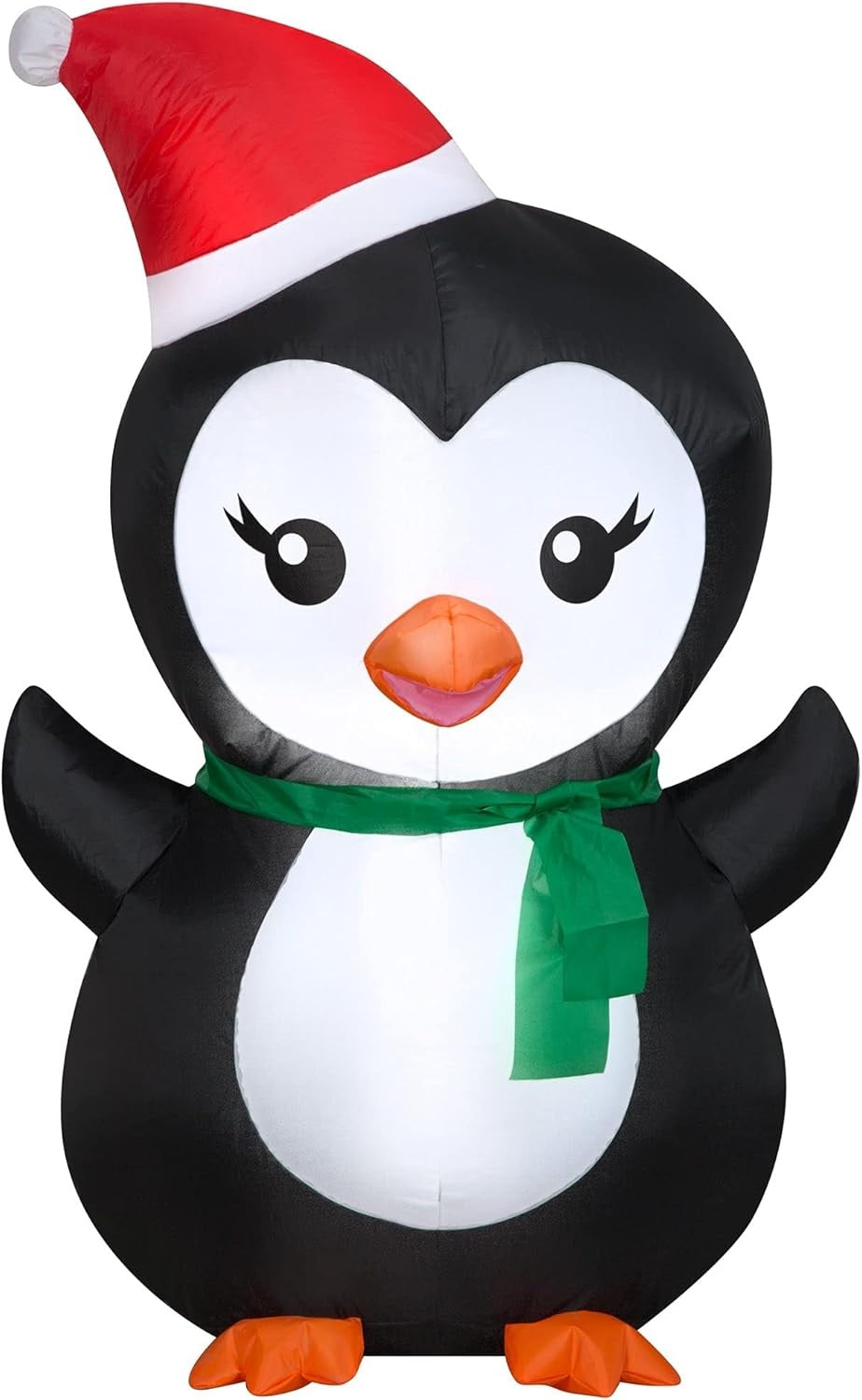 Christmas inflatable designed to look like a cute penguin wearing a Santa hat and a green scarf.