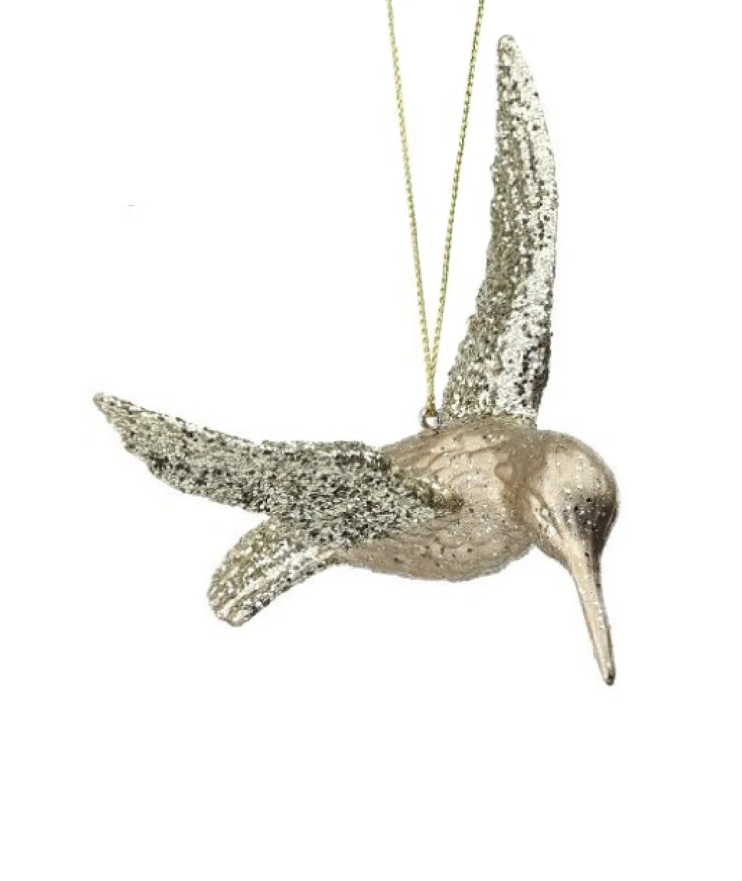 Ornament shaped like a hummingbird. The body is champagne colored and the wings are covered in gold glitter.