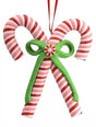 An ornament shaped like two red, white and pink candy canes tied together with a green bow.