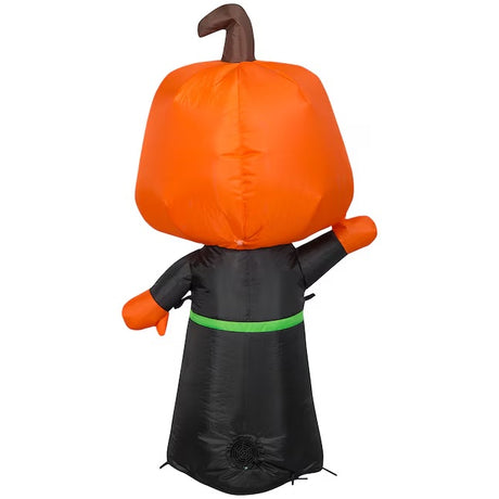 Inflatable Halloween decoration. Designed to look like a Grim Reaper wearing a robe and has a carved pumpkin for a head.