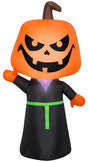 Inflatable Halloween decoration. Designed to look like a Grim Reaper wearing a robe and has a carved pumpkin for a head.