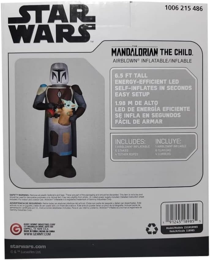 Christmas inflatable designed to look like the Star Wars characters The Mandalorian and Grogu. Mando is holding Grogu and a red holiday ornament.
