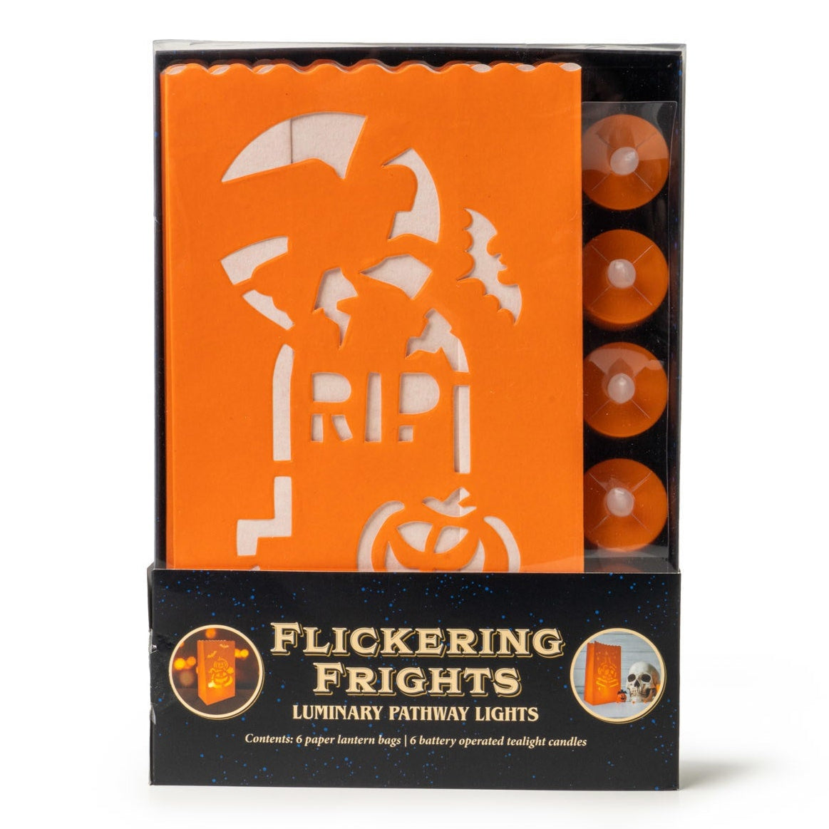 Set of orange flame-resistant luminary bags with cut-out designs on them. These bags are designed to have a light inside them so you can see the cut-out design lit up. This is an image showing the bags and the tealights in the packaging. It reads "Flickering Frights Luminary Pathway Lights. Contains 6 paper lantern bags and 6 battery operated tealight candles."