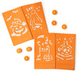 These bags come in four different designs. First design has two smiling jack-o-lanterns and two bats flying above. The second design has a cute ghost with little shimmers around it and it reads "BOO!" The third design has a moon, a bat, a tombstone that reads "RIP" and there's a jack-o-lantern. The fourth design has a skull with a candle in it on top of a book with shimmers around it.