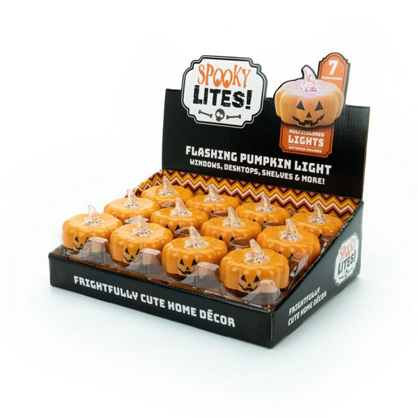 This image shows the Spooky Lites packaging. It reads "Flashing pumpkin light for windows, desktops, shelves and more."