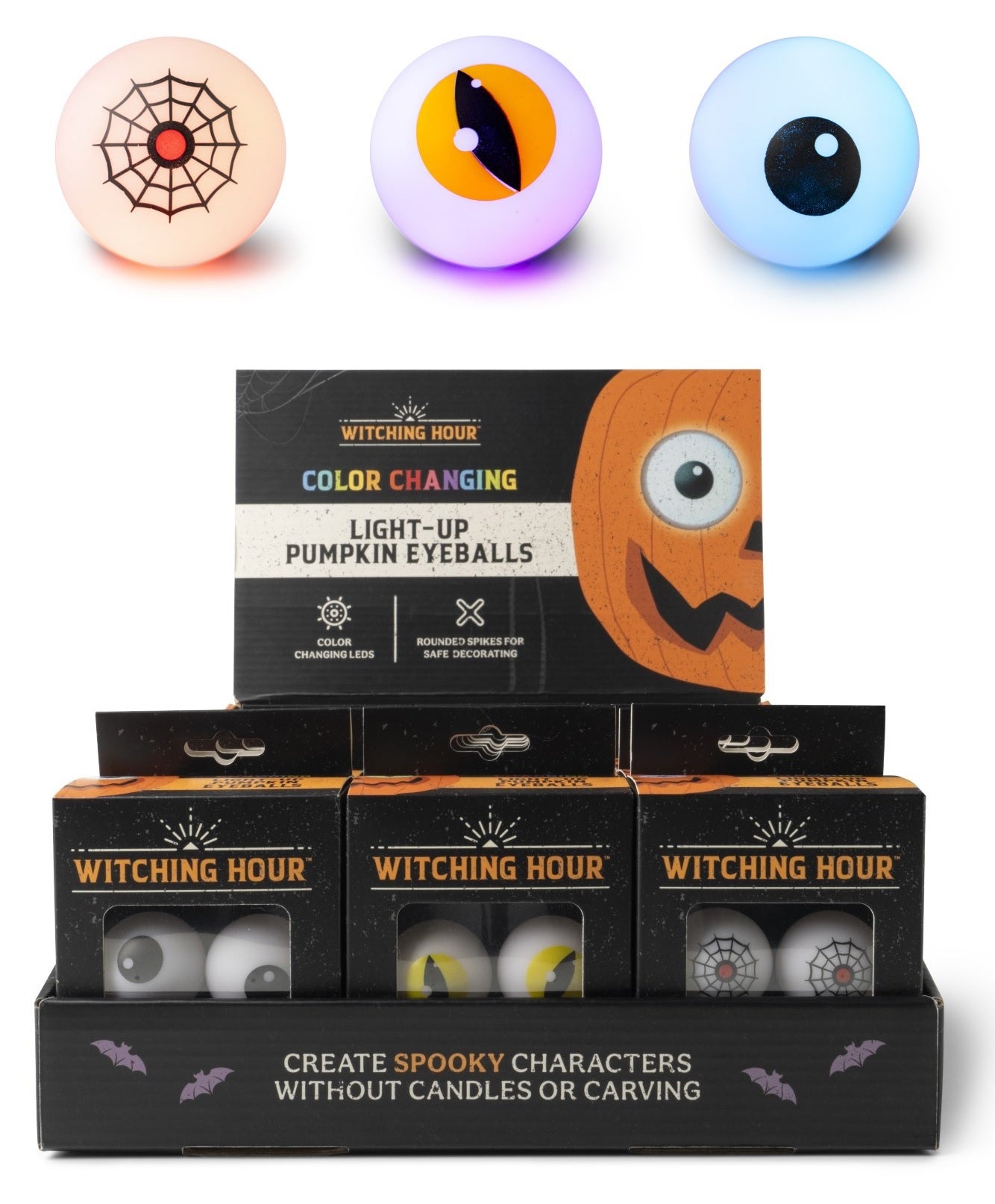 This image shows the eyeballs in their different packaging. It also shows what the eyeballs look like lit up. In this picture, the spiderweb eyeball is red, the cat eye is purple and the normal eyeball is blue.