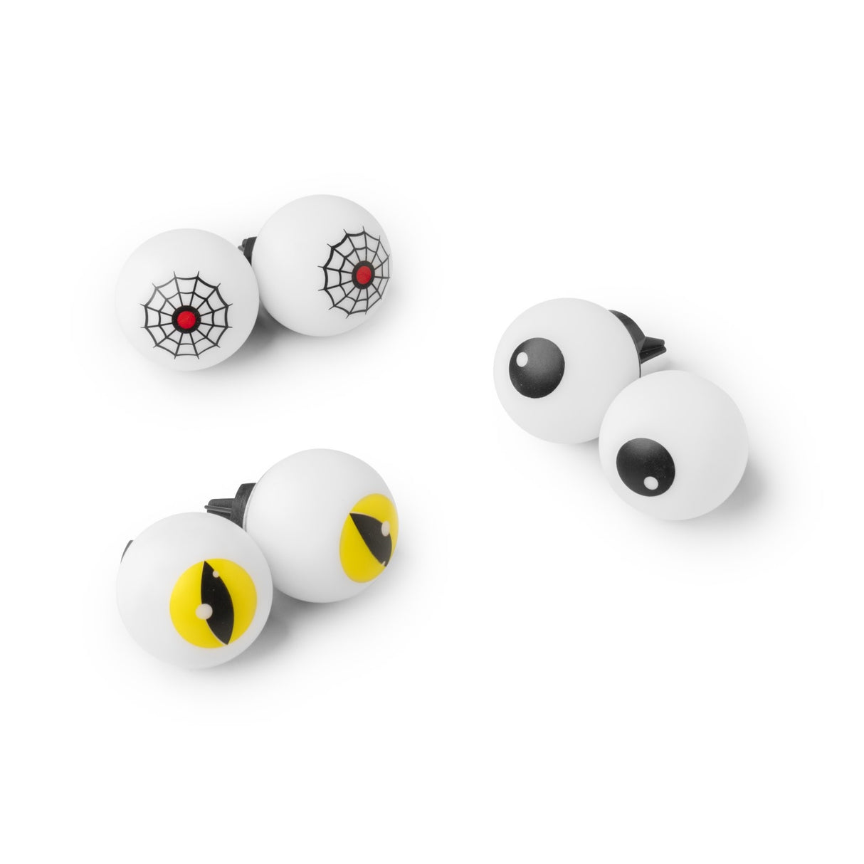 This image shows the 2-packs of eyeballs, unlit. One set of eyeballs has a spiderweb on them with a red center. One set has normal black pupils with a small white circle on them. One set has yellow cat eyes with black slits.
