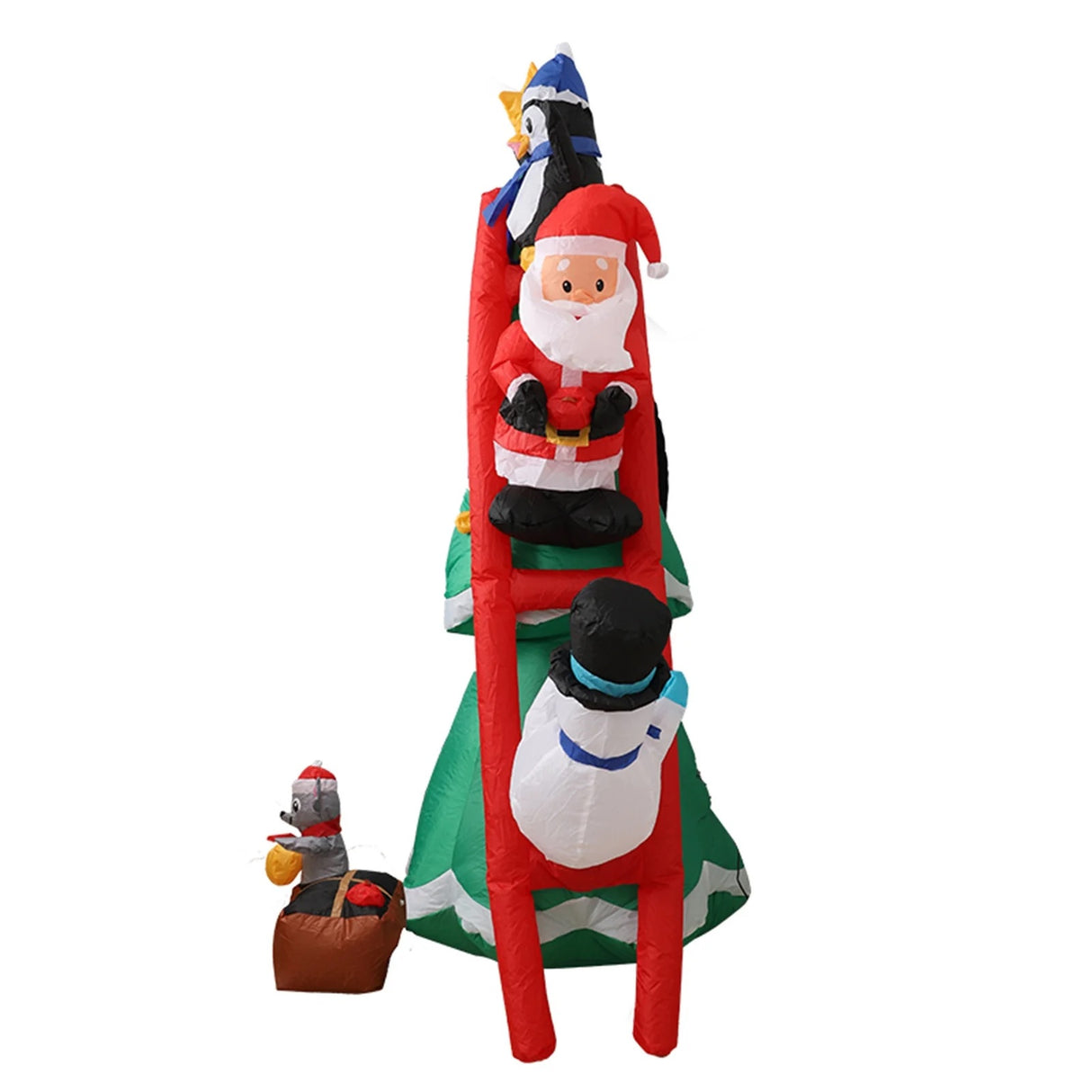 Christmas inflatable shaped like a penguin, Santa and a snowman climbing a red ladder leaning up against a Christmas tree. They're putting the finishing touches on the tree decorating. There's a little box at the bottom with a mouse holding an ornament. The box reads "DECK THE HALLS."