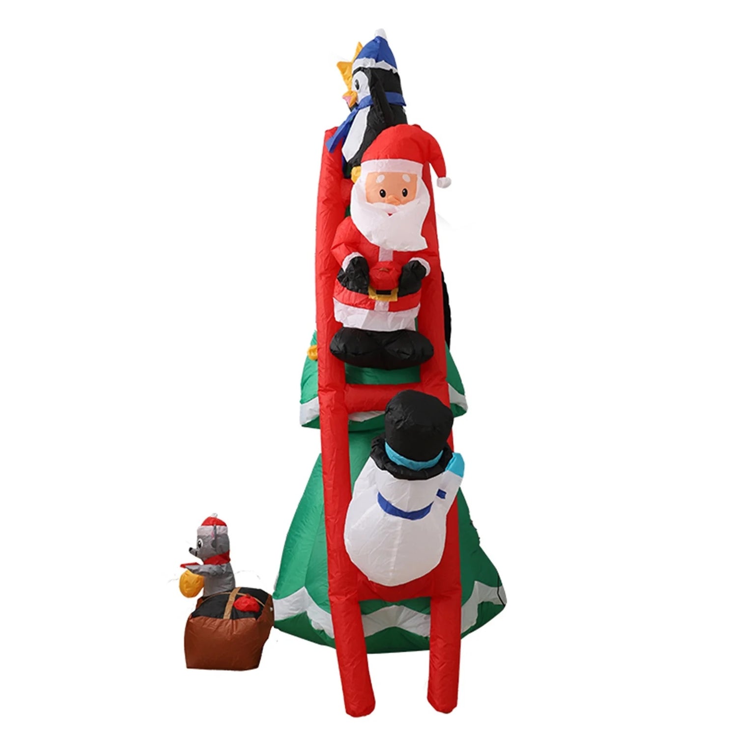 Christmas inflatable shaped like a penguin, Santa and a snowman climbing a red ladder leaning up against a Christmas tree. They're putting the finishing touches on the tree decorating. There's a little box at the bottom with a mouse holding an ornament. The box reads "DECK THE HALLS."