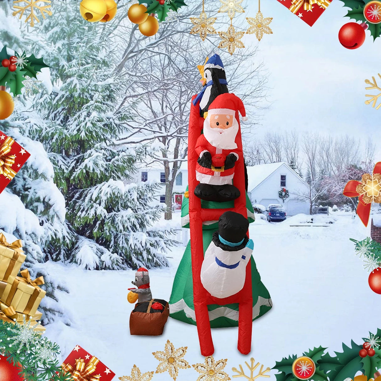 Christmas inflatable shaped like a penguin, Santa and a snowman climbing a red ladder leaning up against a Christmas tree. They're putting the finishing touches on the tree decorating. There's a little box at the bottom with a mouse holding an ornament. The box reads "DECK THE HALLS."