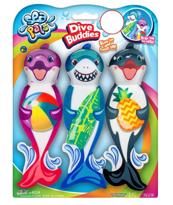 Fabric pool diving toys. One is shaped like a purple dolphin holding a multi-colored beach ball. One is shaped like a smiling shark holding a yellow and green surfboard. One is shaped like a whale holding a pineapple.