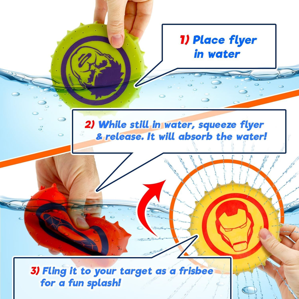 Water soaker frisbee fun summer toy. Place the flyer in the water. While still in the water, squeeze the flyer and release. It will absorb the water! Fling it to your target as a frisbee for a fun splash!