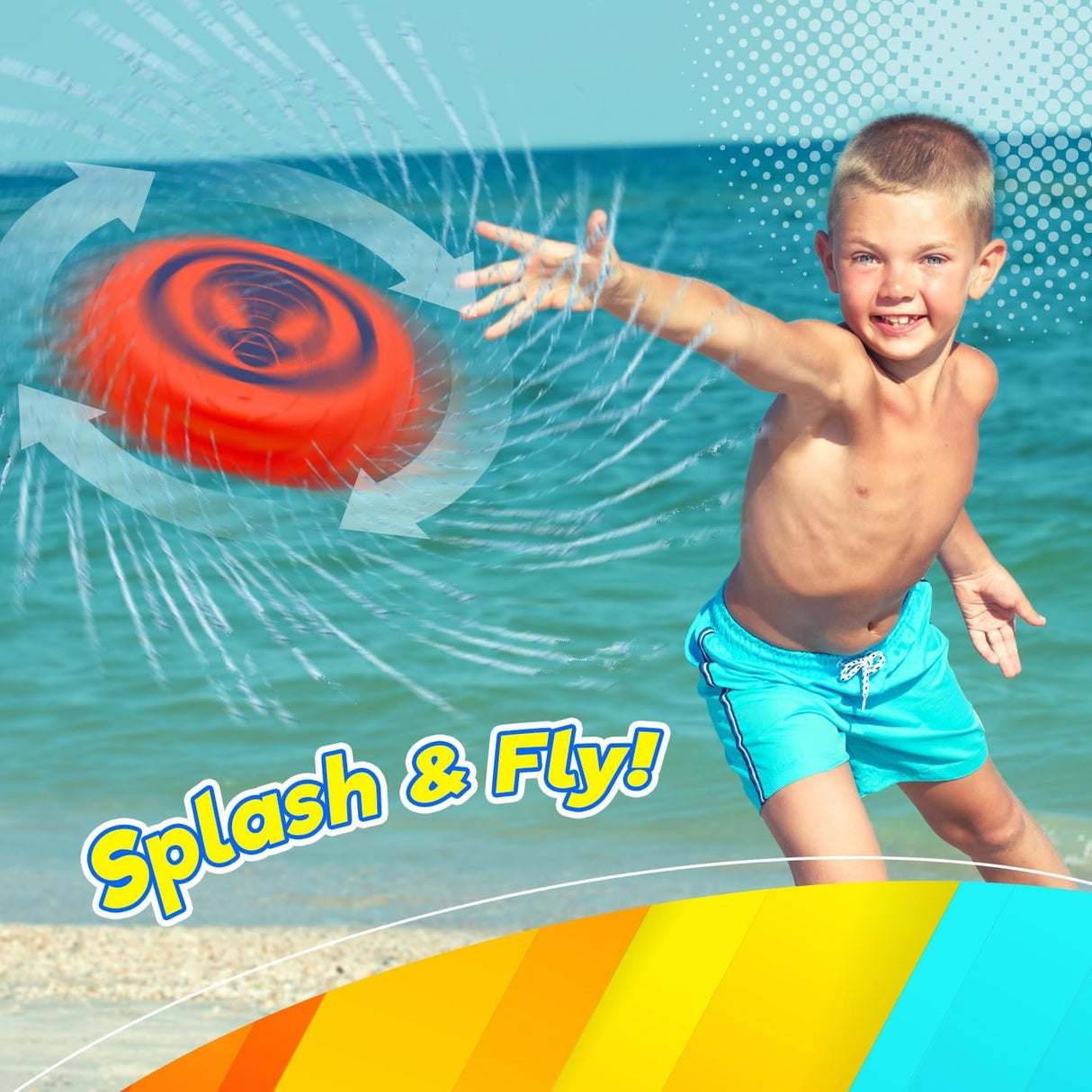 Water soaker frisbee fun summer toy. This image shows a little boy throwing the red Spiderman cap flyer on the beach. It says "splash and fly!"