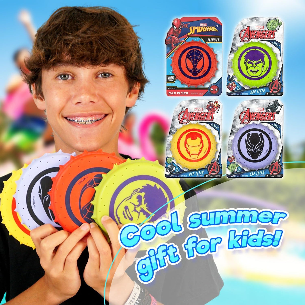 Water soaker frisbee fun summer toy. One frisbee is red and features Spiderman. One frisbee is green and features The Hulk. One frisbee is yellow and features Iron Man. One frisbee is purple and features the Black Panther. Cool summer gift for kids!