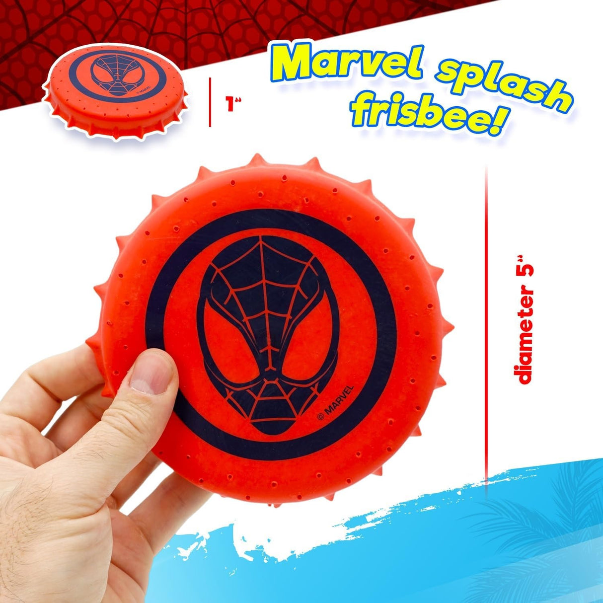 Marvel splash frisbee. This one is red and features Spiderman. Is measures 5 inches in diameter.