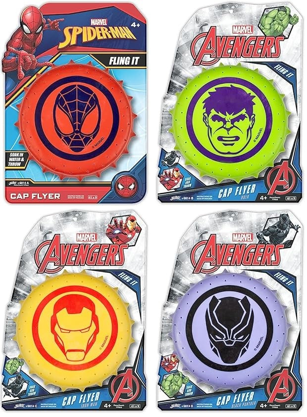 Water soaker frisbee fun summer toy. One frisbee is red and features Spiderman. One frisbee is green and features The Hulk. One frisbee is yellow and features Iron Man. One frisbee is purple and features the Black Panther.