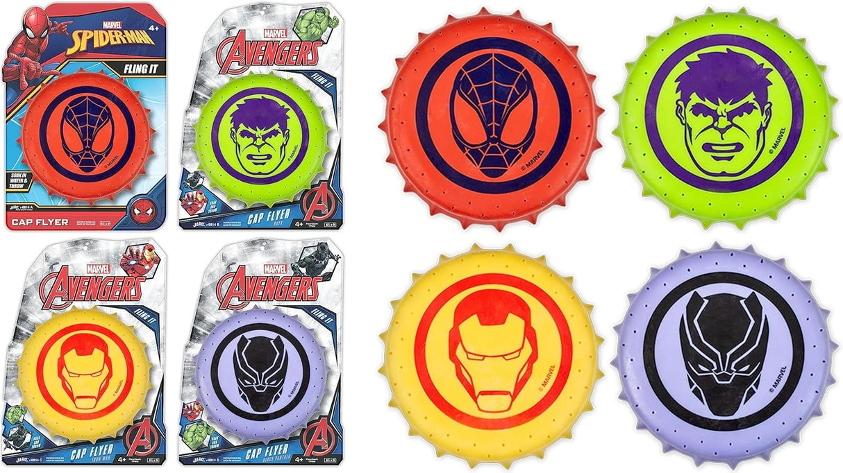 Water soaker frisbee fun summer toy. One frisbee is red and features Spiderman. One frisbee is green and features The Hulk. One frisbee is yellow and features Iron Man. One frisbee is purple and features the Black Panther.
