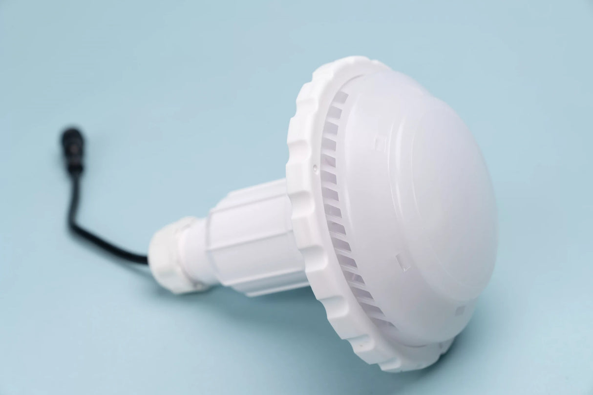 This image shows an up close view of the LED light that gets put into the return jet in a pool.