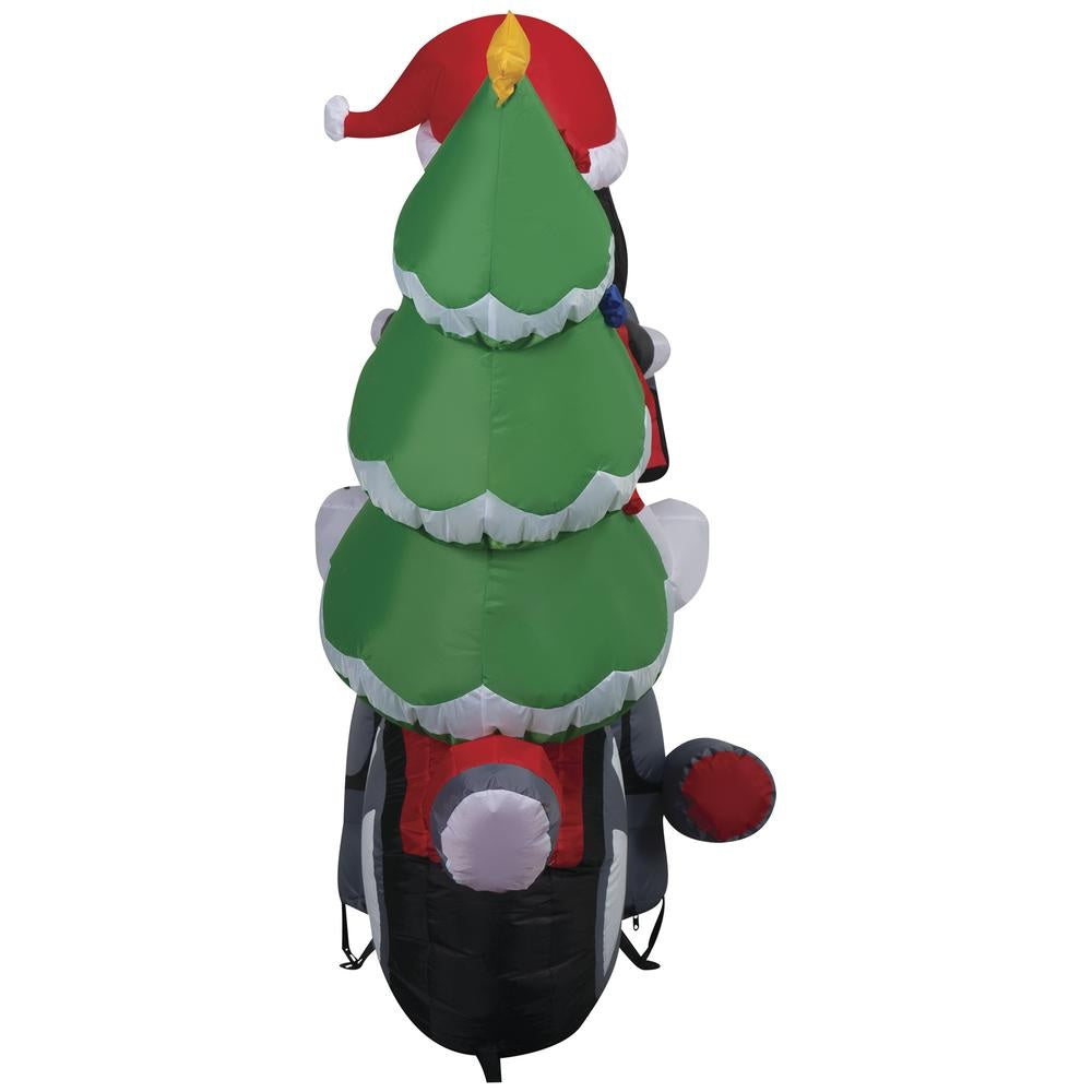 Christmas inflatable. It features Snoopy wearing a Santa hat and wearing sunglasses. Snoopy is driving a red motorcycle with a snowflake accent on it. There's a decorated Christmas tree on the back and Woodstock is riding on the handlebars. There are LED lights inside.