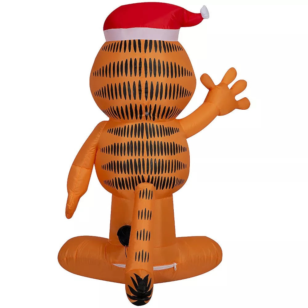 Christmas inflatable designed to look like the cartoon character Garfield wearing a Santa hat.