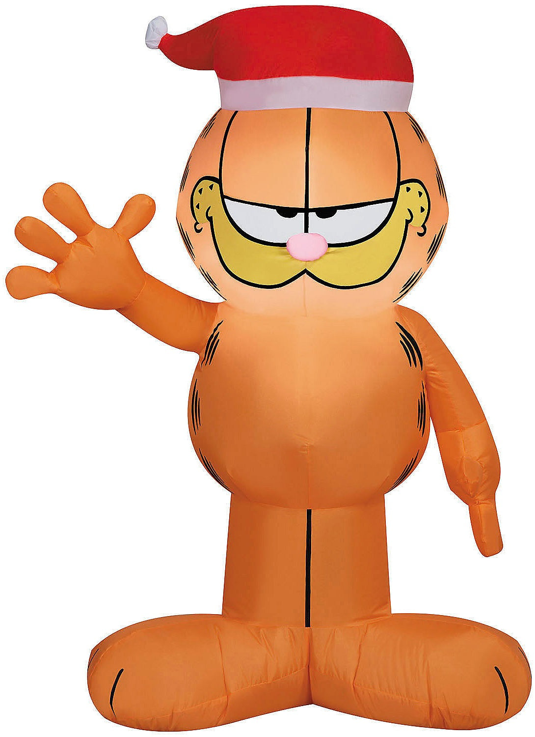Christmas inflatable designed to look like the cartoon character Garfield wearing a Santa hat.