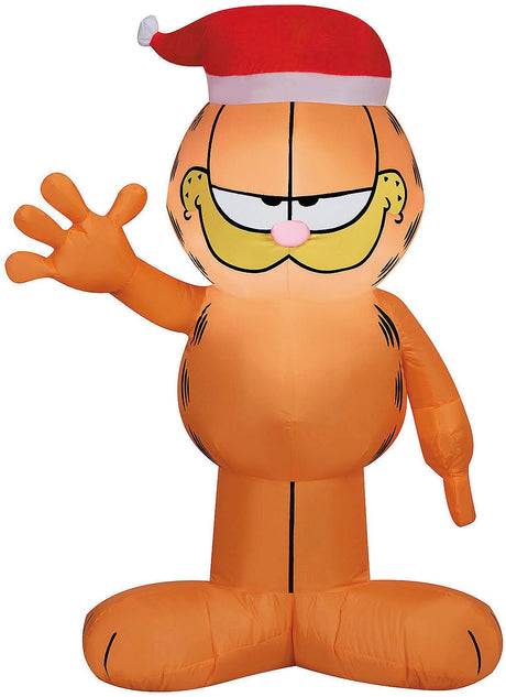 Christmas inflatable designed to look like the cartoon character Garfield wearing a Santa hat.
