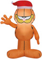 Christmas inflatable designed to look like the cartoon character Garfield wearing a Santa hat.