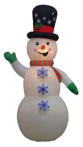 Inflatable snowman wearing a top hat, a red and green striped scarf and green gloves. There are buttons shaped like snowflakes going down his belly. The buttons spin!