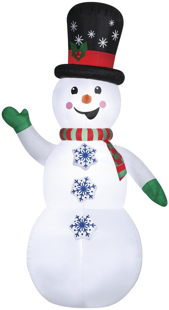 Inflatable snowman wearing a top hat, a red and green striped scarf and green gloves. There are buttons shaped like snowflakes going down his belly. The buttons spin!