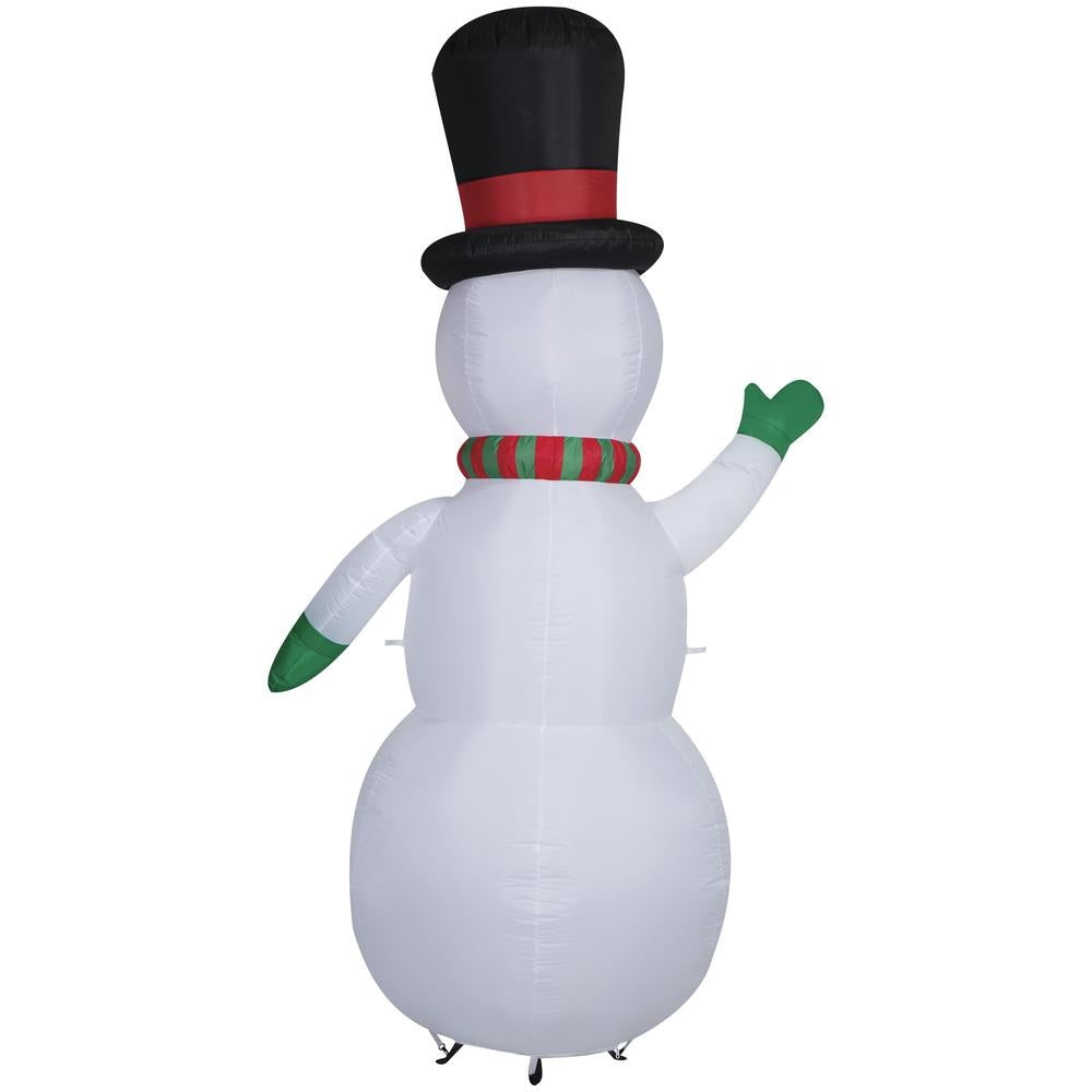 Inflatable snowman wearing a top hat, a red and green striped scarf and green gloves. There are buttons shaped like snowflakes going down his belly. The buttons spin!