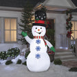 Inflatable snowman wearing a top hat, a red and green striped scarf and green gloves. There are buttons shaped like snowflakes going down his belly. The buttons spin!