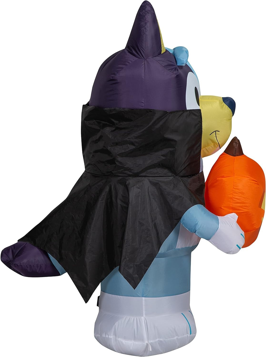 Halloween inflatable shaped like the cartoon character Bluey. He's dressed as a vampire and holding a jack-o-lantern.