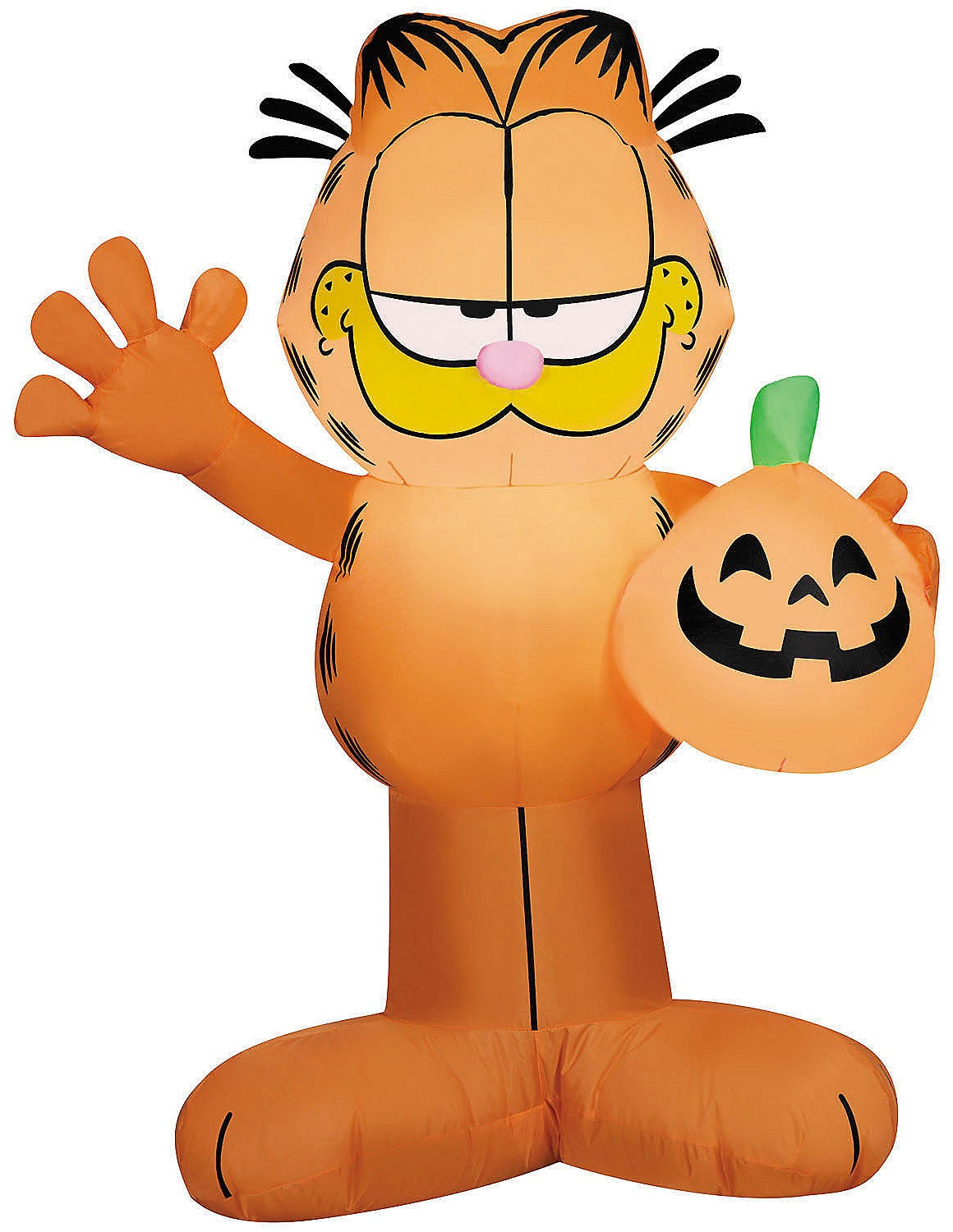 Halloween inflatable shaped like Garfield the cat. He's holding a jack-o-lantern.