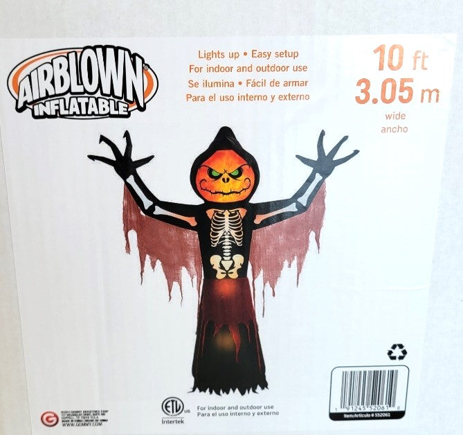 Halloween inflatable. The head is a spooky jack-o-lantern, the body is a skeleton and it's wearing a black robe with red dangling off of it. It lights up from the inside.