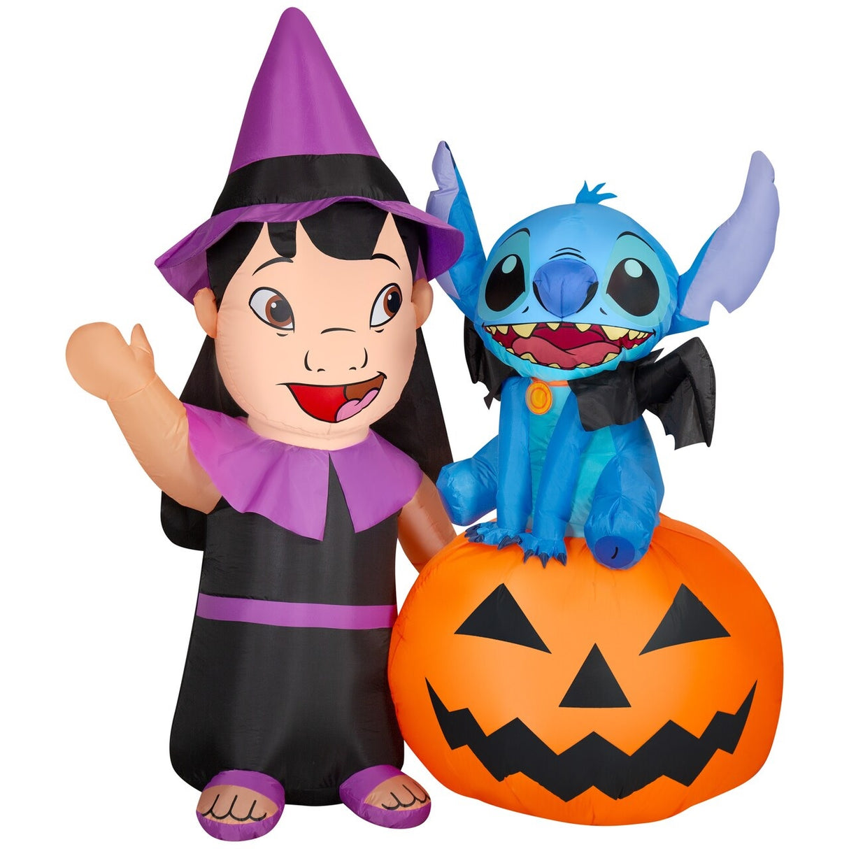 Halloween inflatable shaped like the Disney characters Lilo and Stitch dressed for Halloween. Lilo is wearing a witch costume and Stitch is wearing a collar with bat wings on it. Stitch is sitting on a jack-o-lantern.