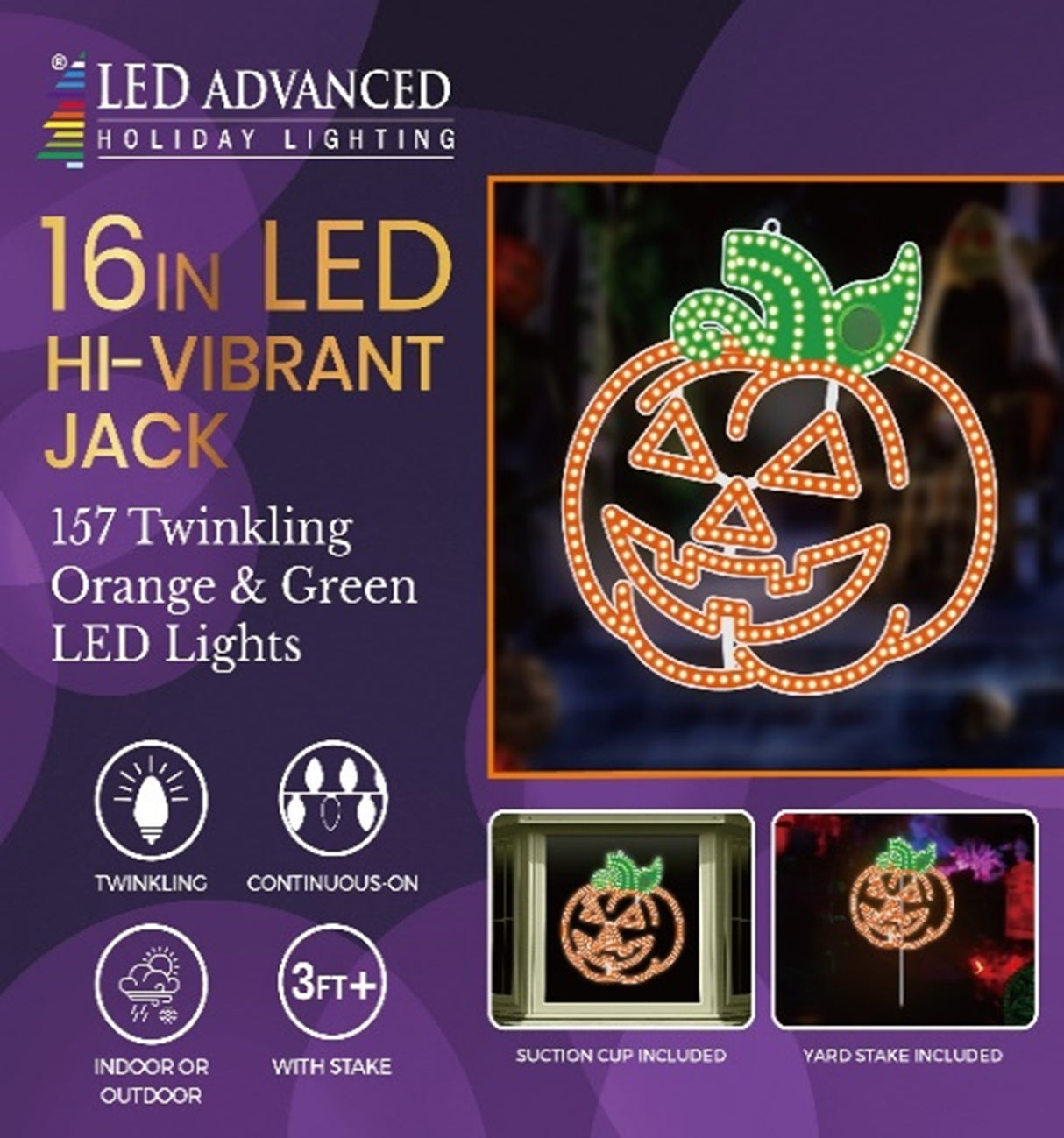 A Halloween decoration that lights up. It's shaped like a smiling Jack-O-Lantern. The stem and leaves are green.