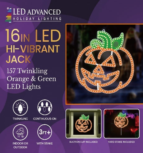 A Halloween decoration that lights up. It's shaped like a smiling Jack-O-Lantern. The stem and leaves are green.