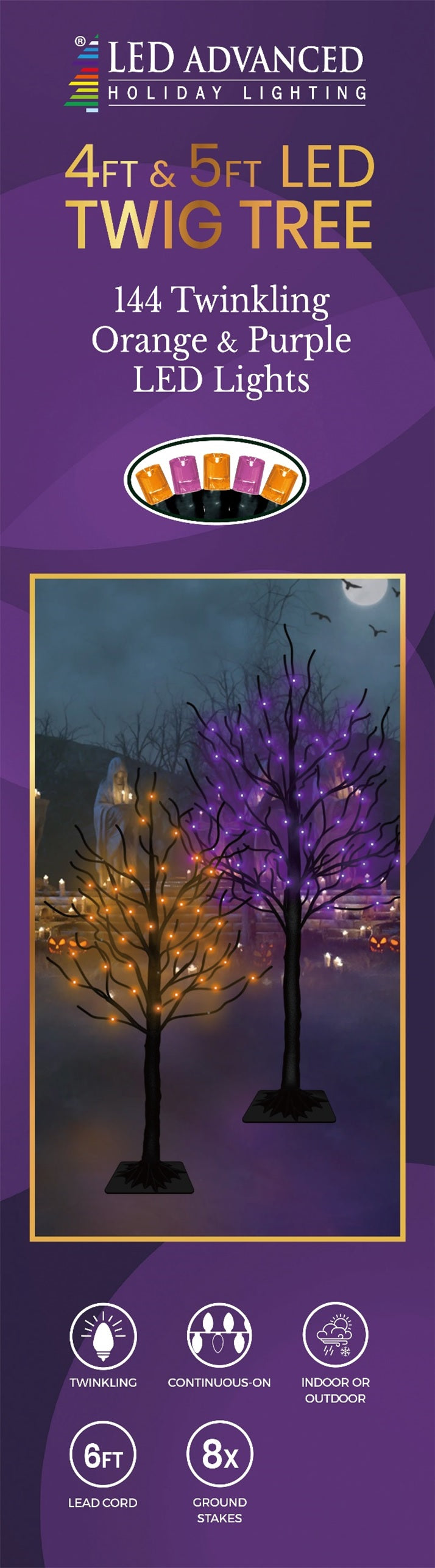 LED decorations for Halloween. One is a 4 ft. black wire tree with orange lights. The other is a 5 ft. black wire tree with purple lights.