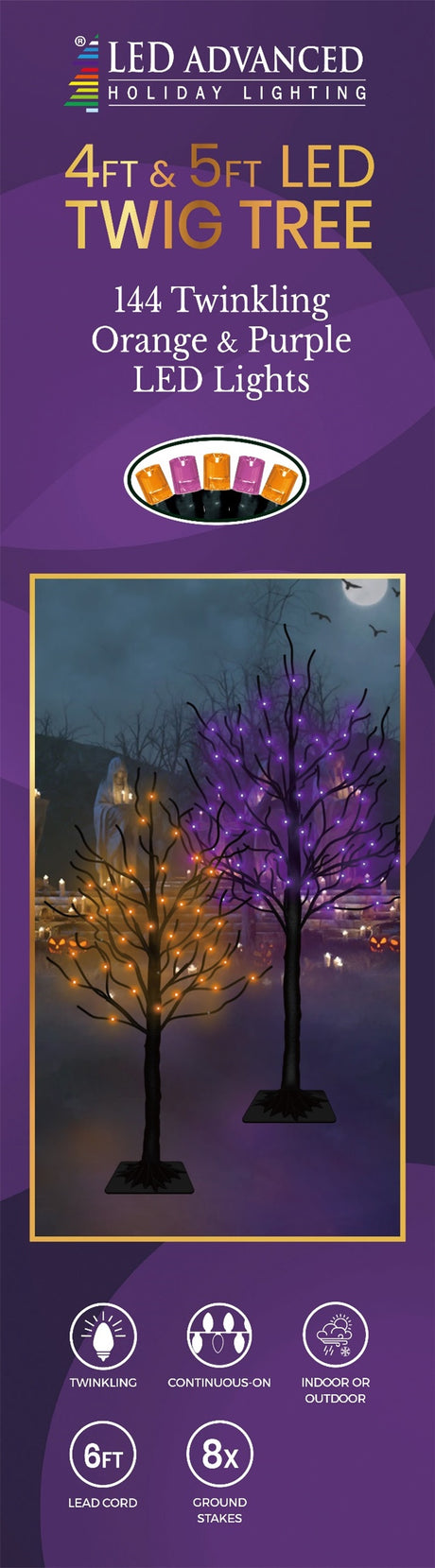 LED decorations for Halloween. One is a 4 ft. black wire tree with orange lights. The other is a 5 ft. black wire tree with purple lights.