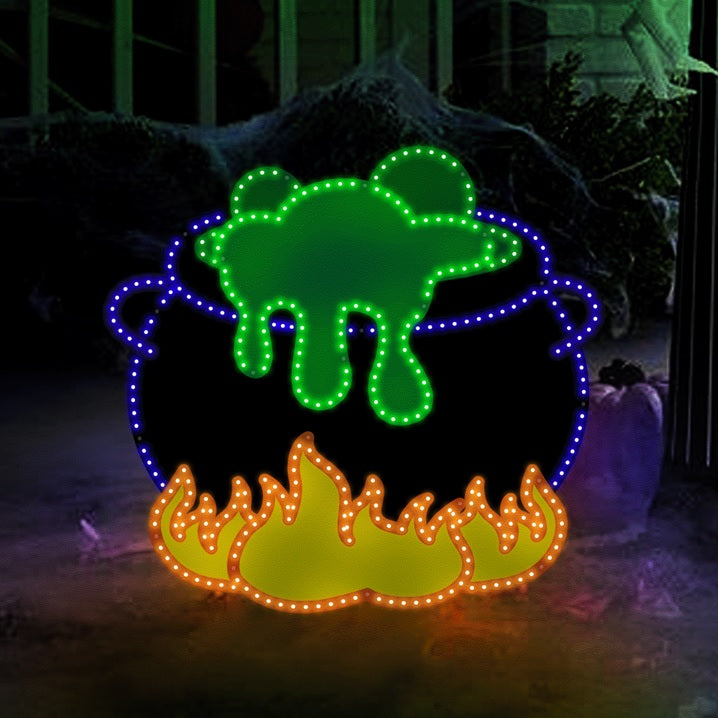 LED Halloween decoration pre-lit with green, blue and red lights. Shaped to look like a boiling cauldron over a fire.