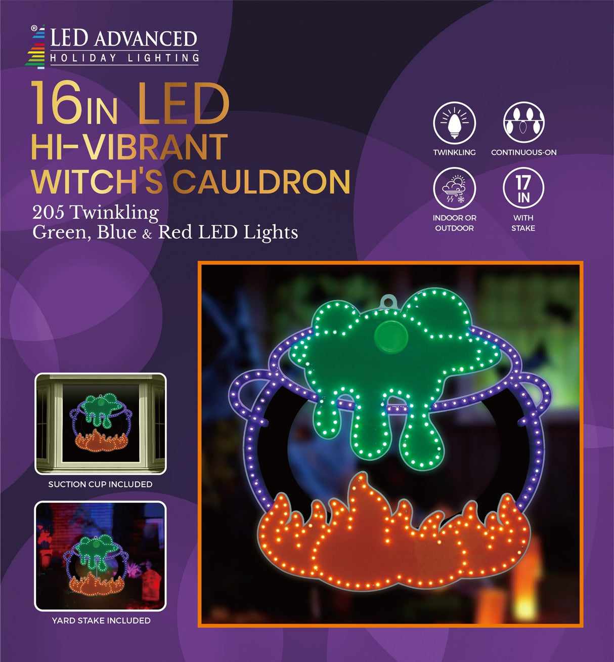 LED Halloween decoration pre-lit with green, blue and red lights. Shaped to look like a boiling cauldron over a fire.