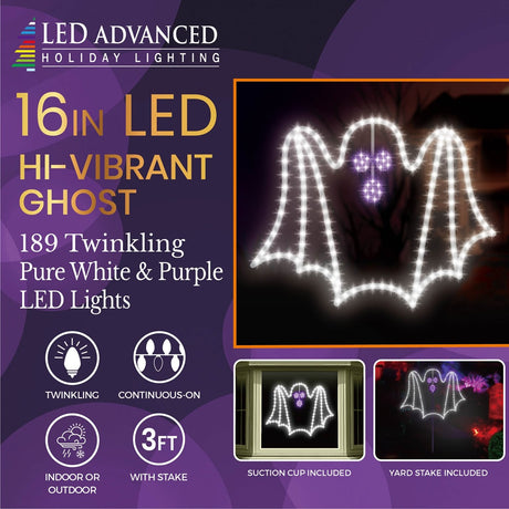 LED decoration shaped like a white ghost with bright, purple eyes and mouth.