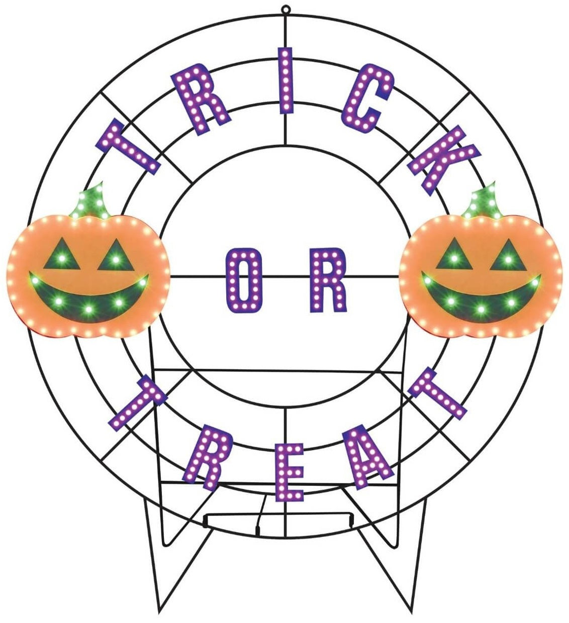 A black wire frame wreath with purple words that read "TRICK OR TREAT." There are two orange jack-o-lanterns with green eyes and mouths.