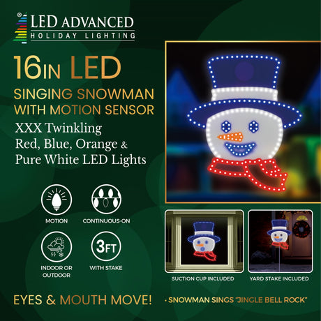 Outdoor LED decoration shaped like a Snowman head. He's wearing a blue top hat, has a blue eyes and a blue mouth, an orange carrot nose and a red scarf. The mouth and eyes move.