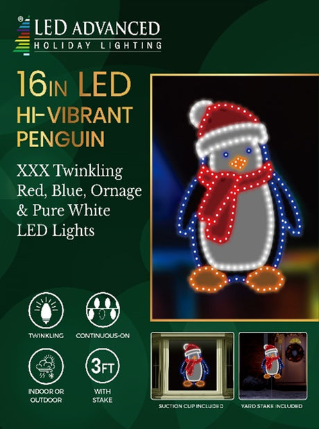 Outdoor LED decoration shaped like a penguin wearing a Santa hat and red scarf. The lights are red, pure white, blue and orange.